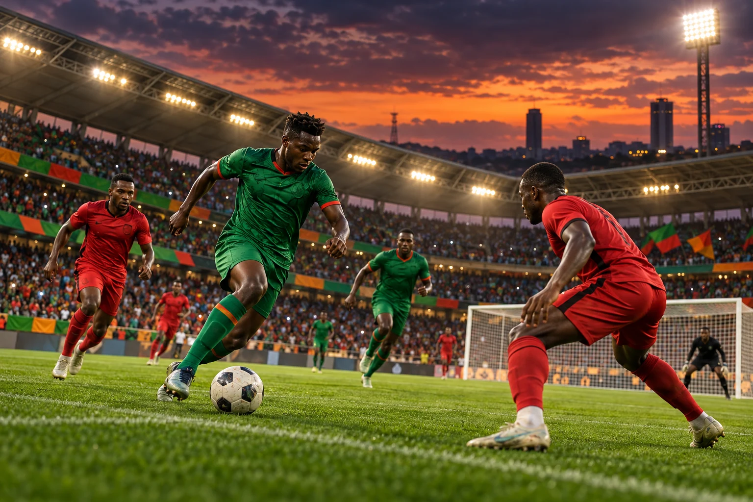 Editorial illustration of a football match in a Zambian stadium